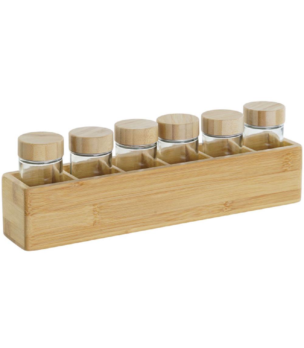 wadiga Set de 7 pots à épices en verre et plateau en bambou 32.5x6.5x6.5cm