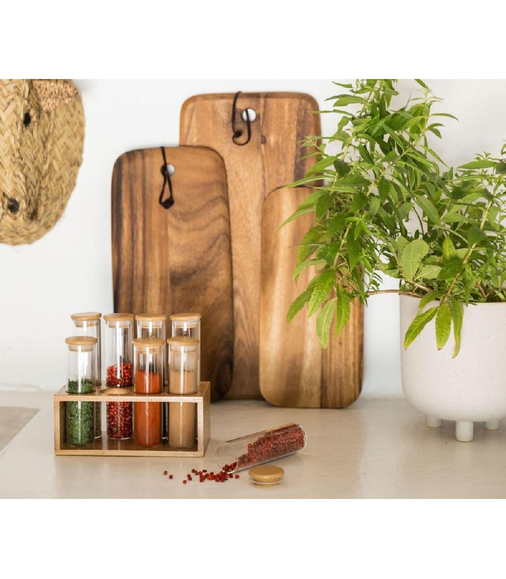 Wadiga Set De 8 Pots à Épices En Verre Et Support En Bambou - 18 5x10x16 5cm