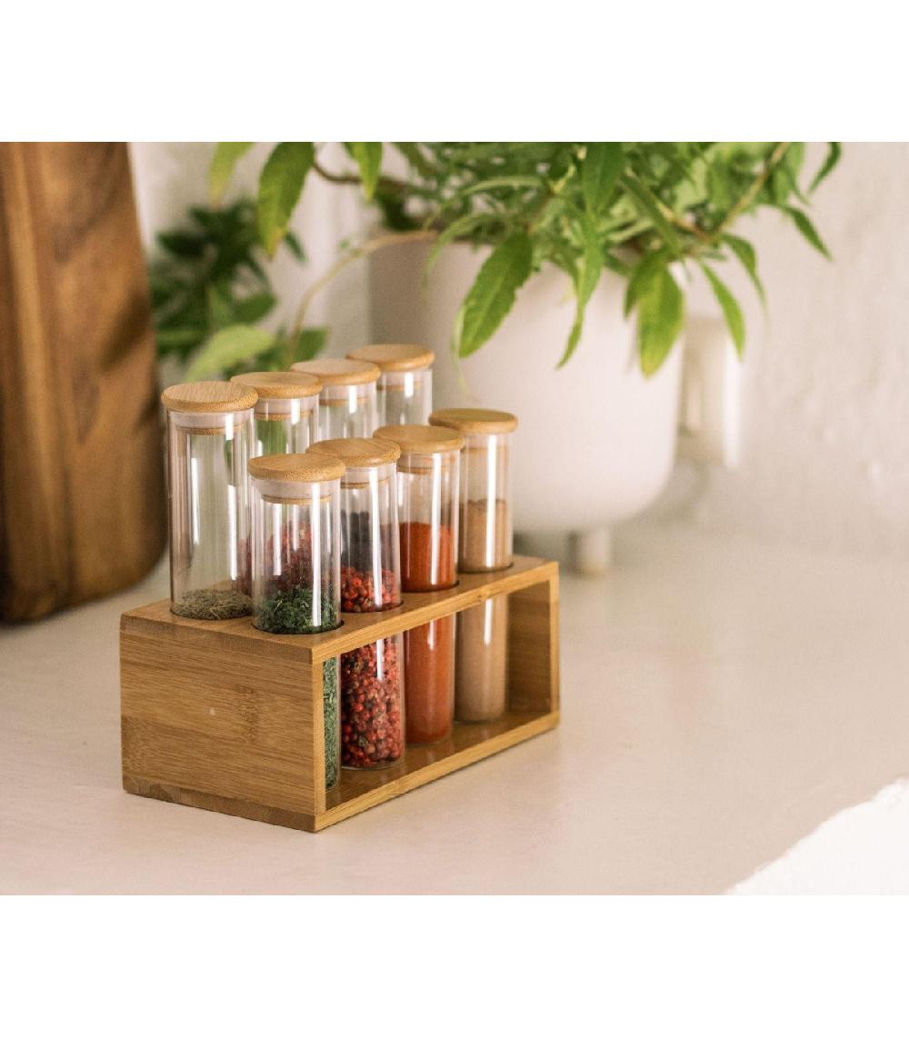 Wadiga Set De 8 Pots à Épices En Verre Et Support En Bambou - 18 5x10x16 5cm