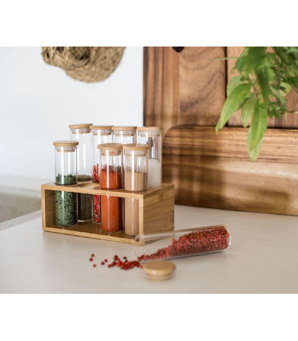 Wadiga Set De 8 Pots à Épices En Verre Et Support En Bambou - 18 5x10x16 5cm