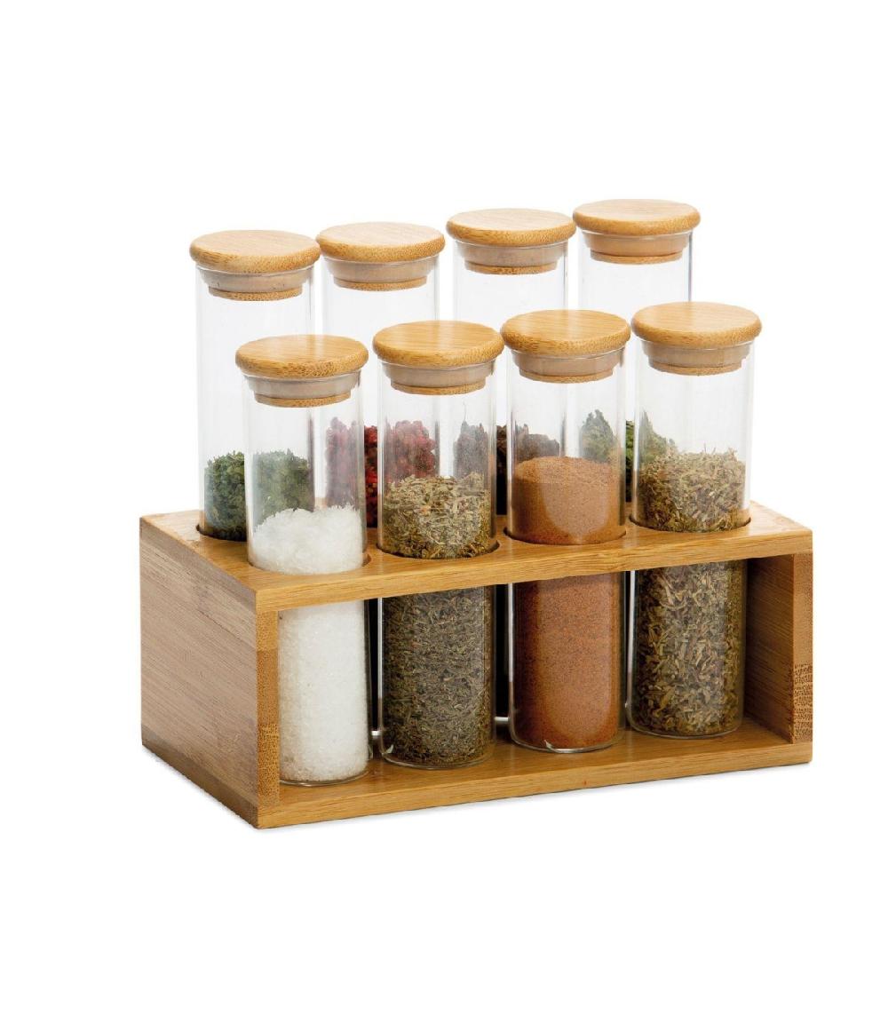 wadiga Set de 8 Pots à Épices en Verre et support en Bambou - 18 5x10x16 5cm