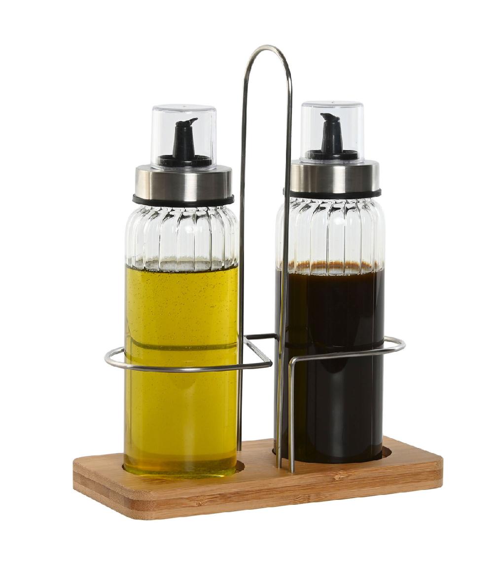 Wadiga Set Huile Et Vinaigre En Verre Avec Support En Métal Chromé Et Bois
