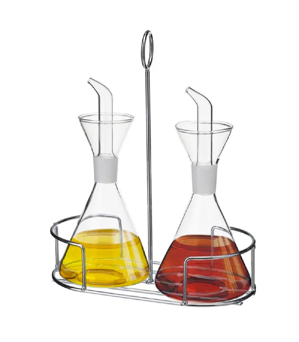 Wadiga Set Huile Et Vinaigre En Verre Avec Support En Métal Chromé