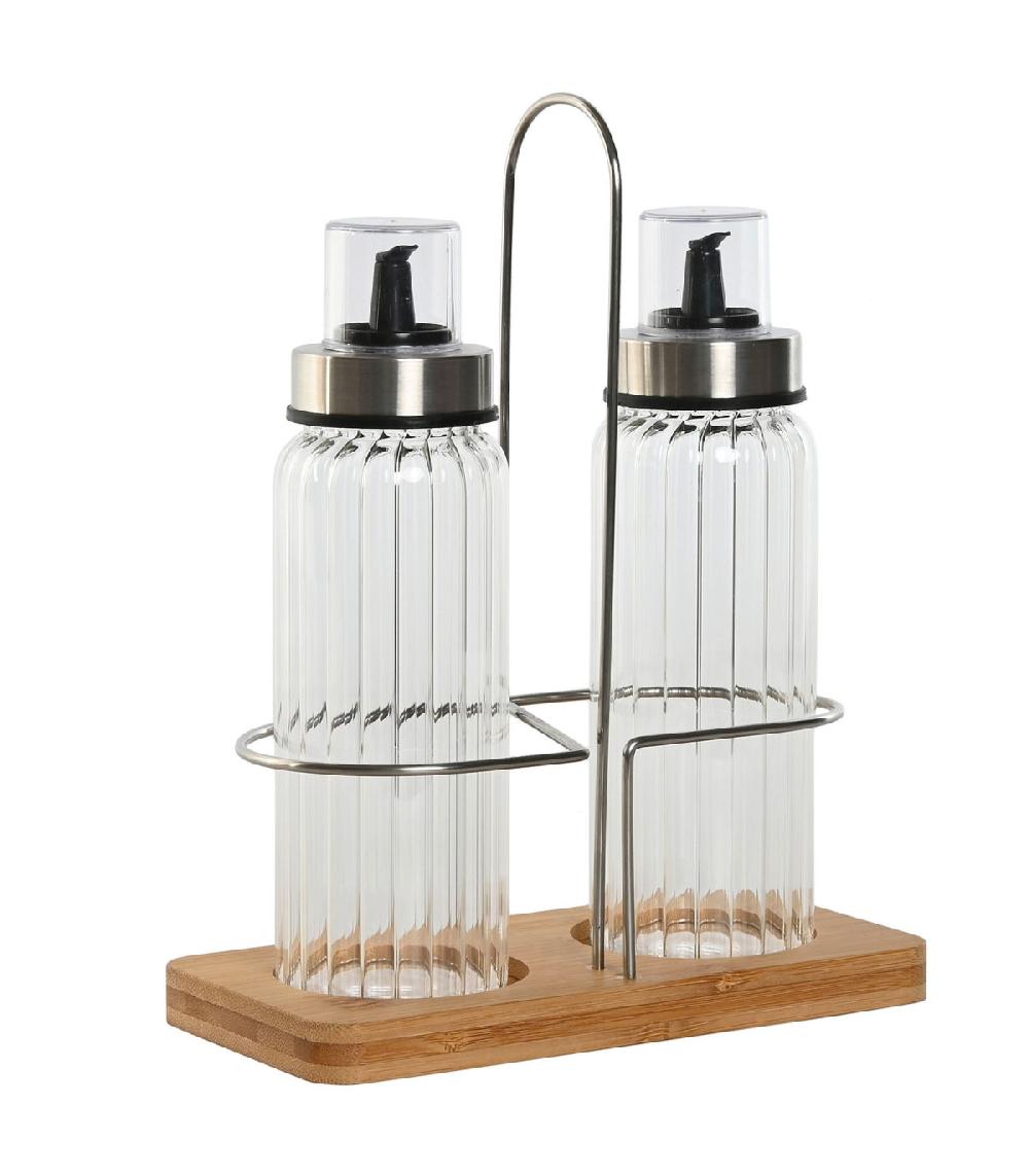 wadiga Set huile et vinaigre en verre avec support en métal chromé et bois