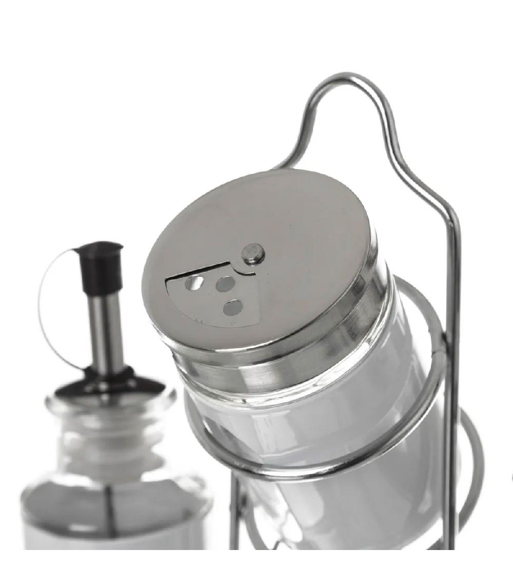 Wadiga Set Huile Vinaigre Poivre Et Sel Avec Support En Métal Chrome Et Blanc