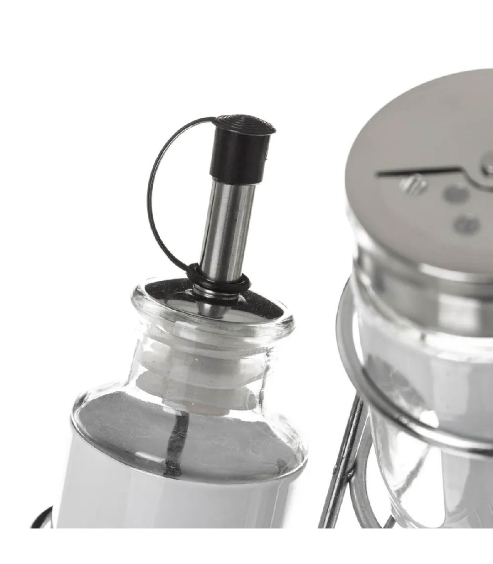 Wadiga Set Huile Vinaigre Poivre Et Sel Avec Support En Métal Chrome Et Blanc