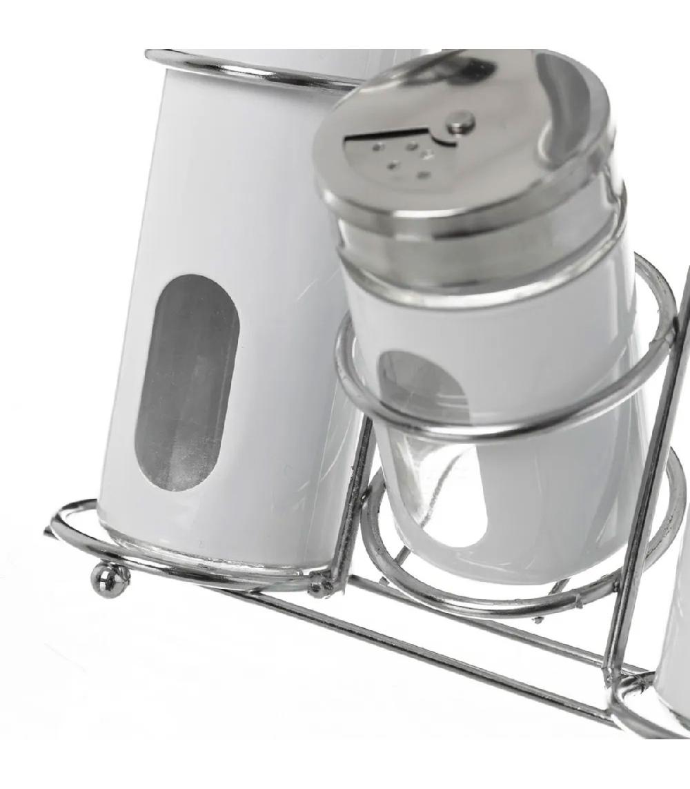 Wadiga Set Huile Vinaigre Poivre Et Sel Avec Support En Métal Chrome Et Blanc