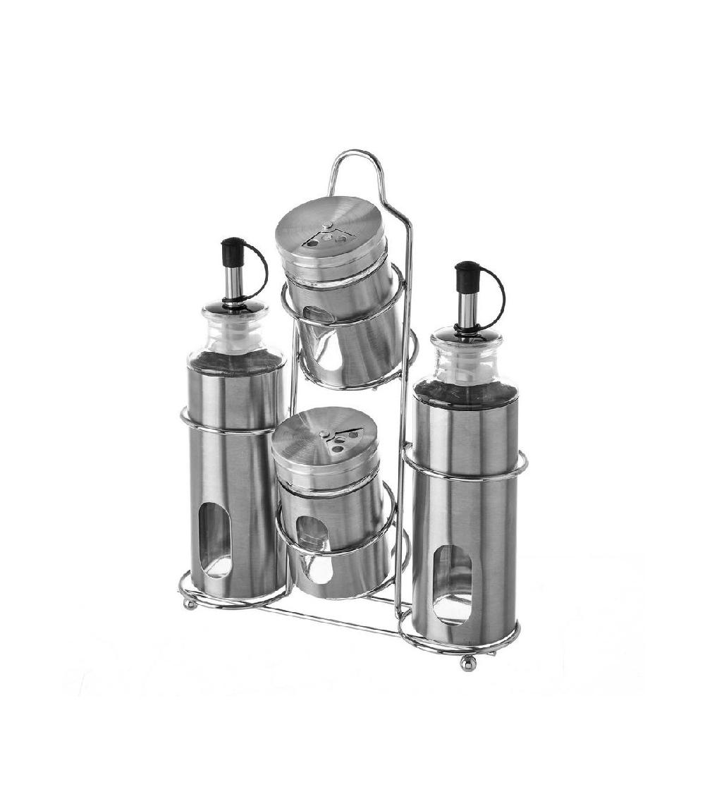 wadiga Set Huile Vinaigre Poivre et Sel avec Support en Métal chromé
