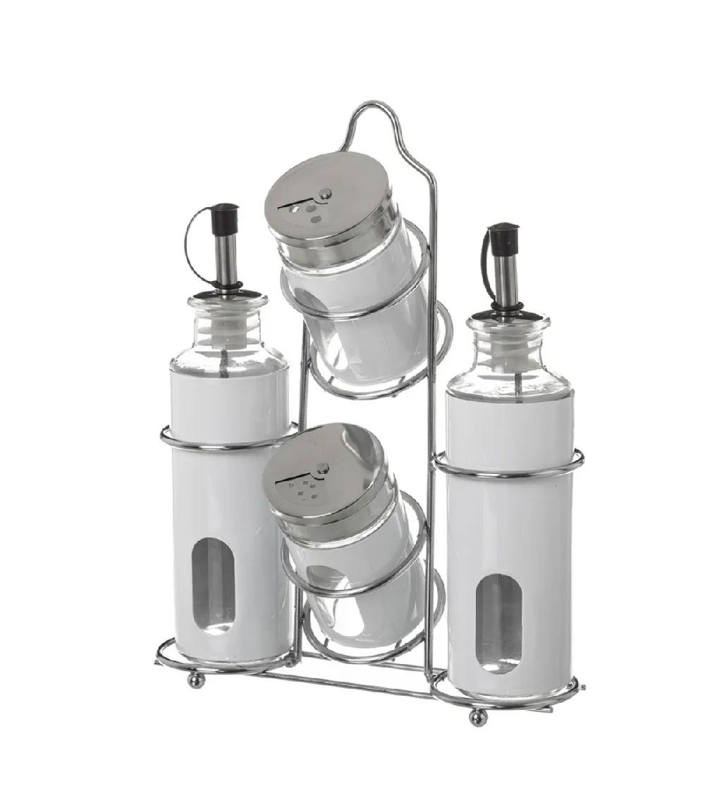 wadiga Set huile vinaigre poivre et sel avec support en métal chrome et blanc