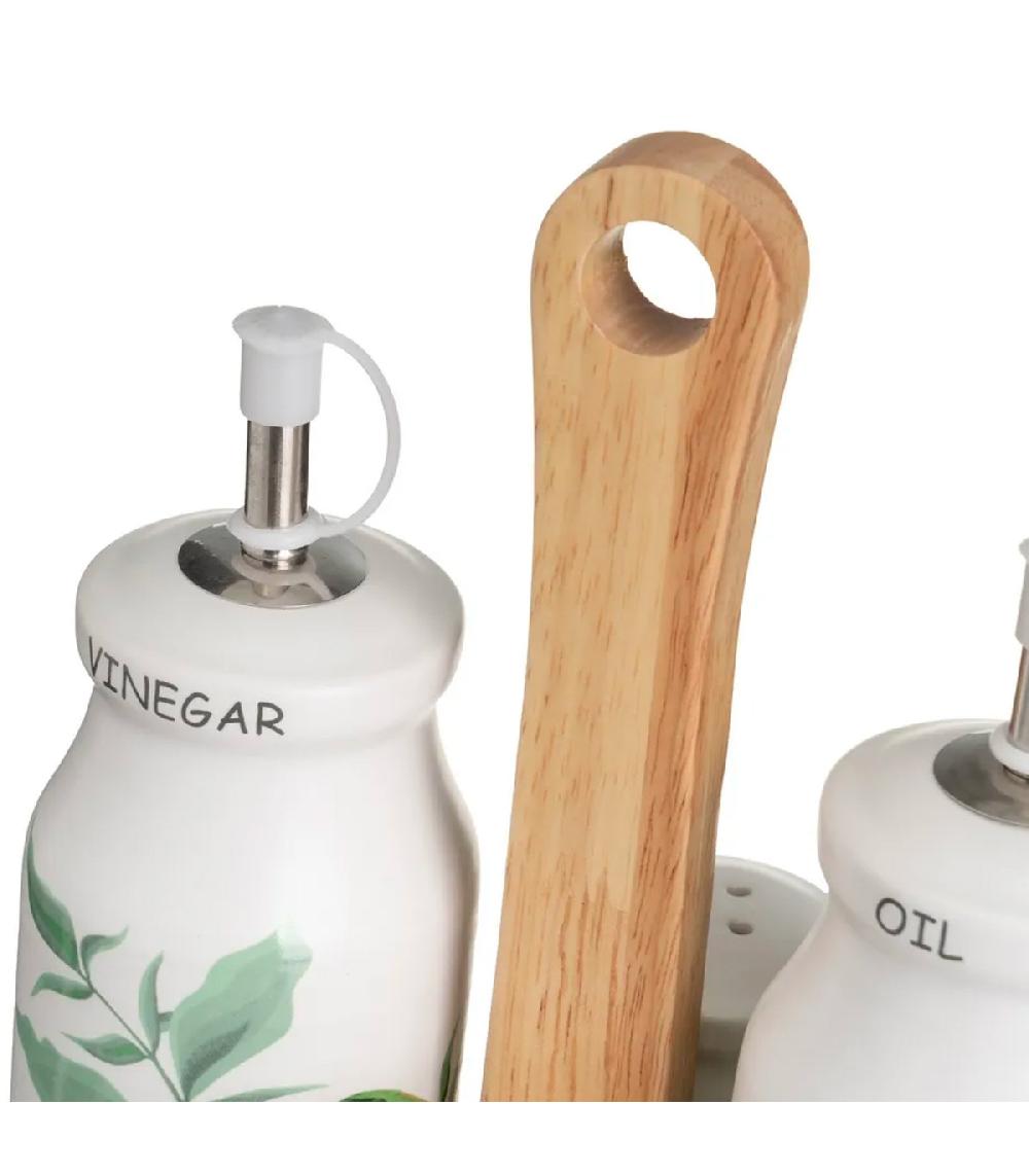 Wadiga Set Huile Vinaigre Poivre Et Sel Support En Bois Motif Feuillage
