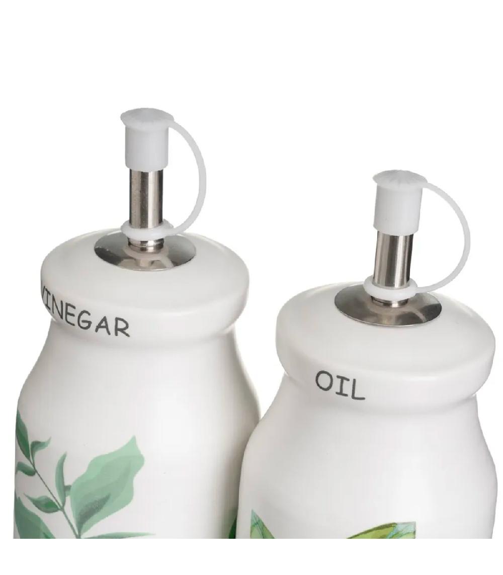 Wadiga Set Huile Vinaigre Poivre Et Sel Support En Bois Motif Feuillage