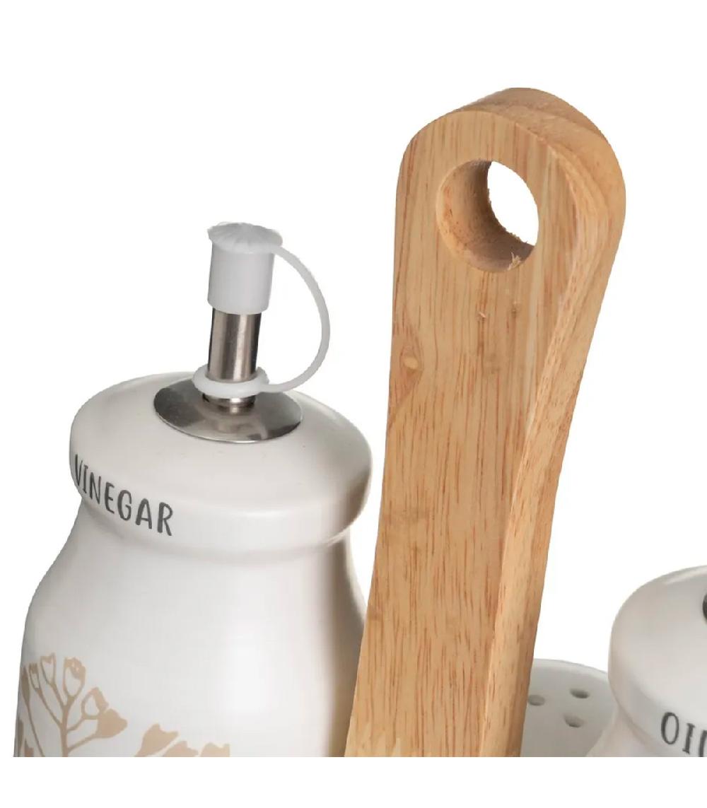 Wadiga Set Huile Vinaigre Poivre Et Sel Support En Bois Motif Herbes