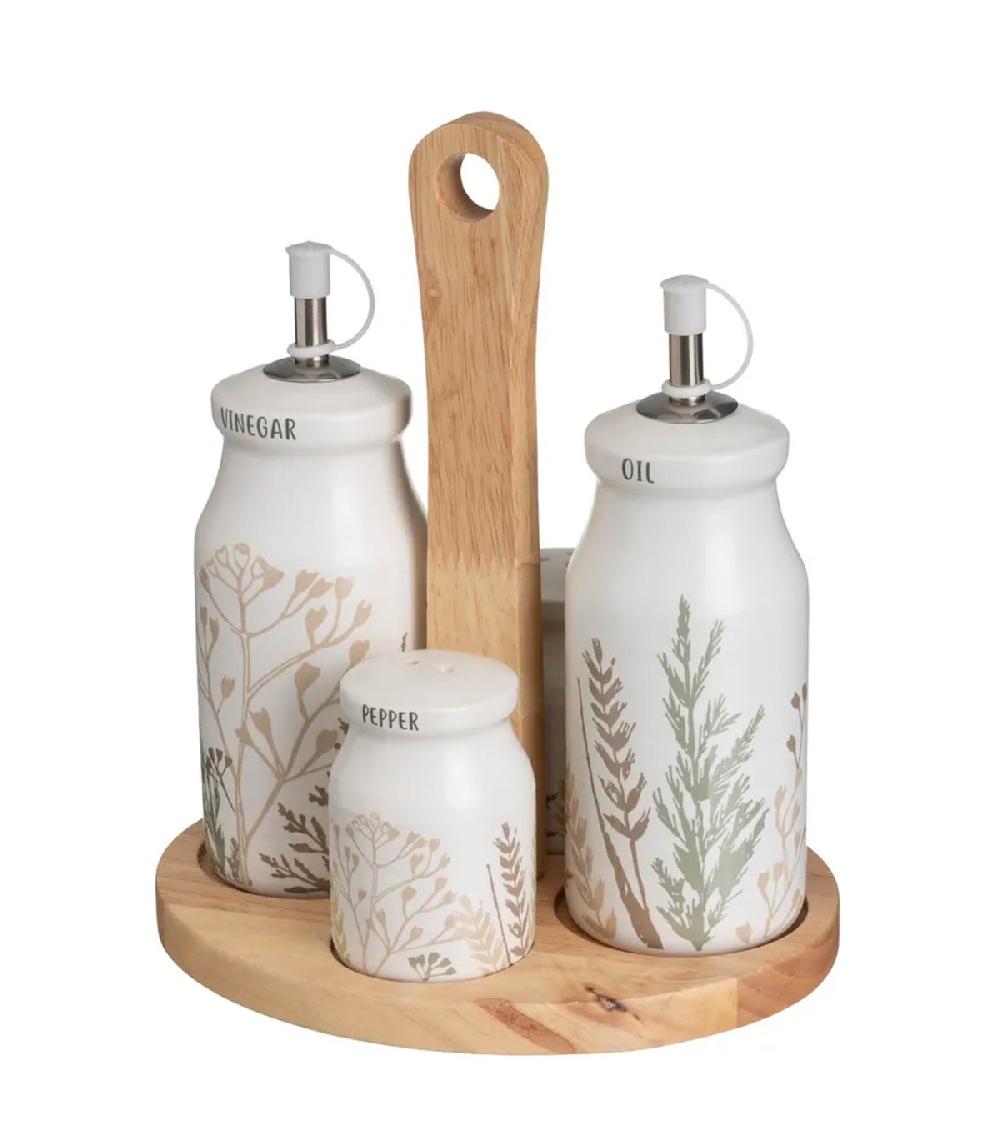wadiga Set huile vinaigre poivre et sel support en bois motif herbes