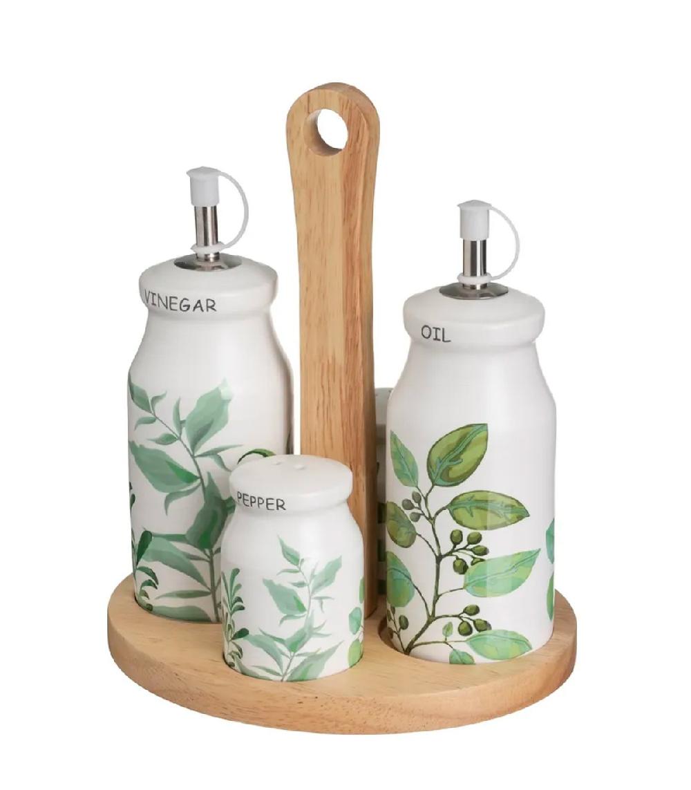wadiga Set huile vinaigre poivre et sel support en bois motif feuillage