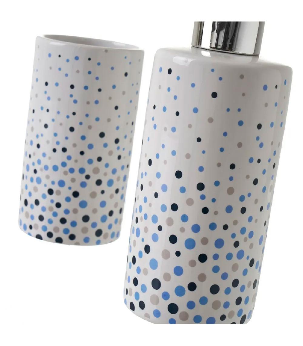Wadiga Set Salle De Bain Blanc à Pois Bleus - Distributeur Savon + Verre