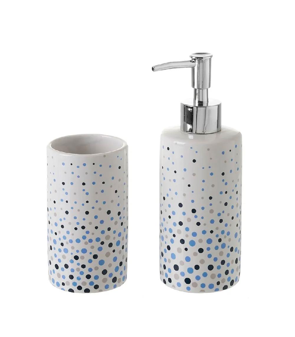 wadiga Set Salle de Bain Blanc à Pois Bleus - Distributeur Savon + Verre