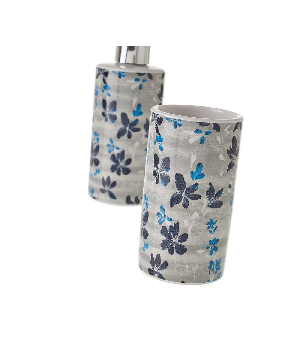 Wadiga Set Salle De Bain Blanc Et Bleu Floral - Distributeur Savon + Verre
