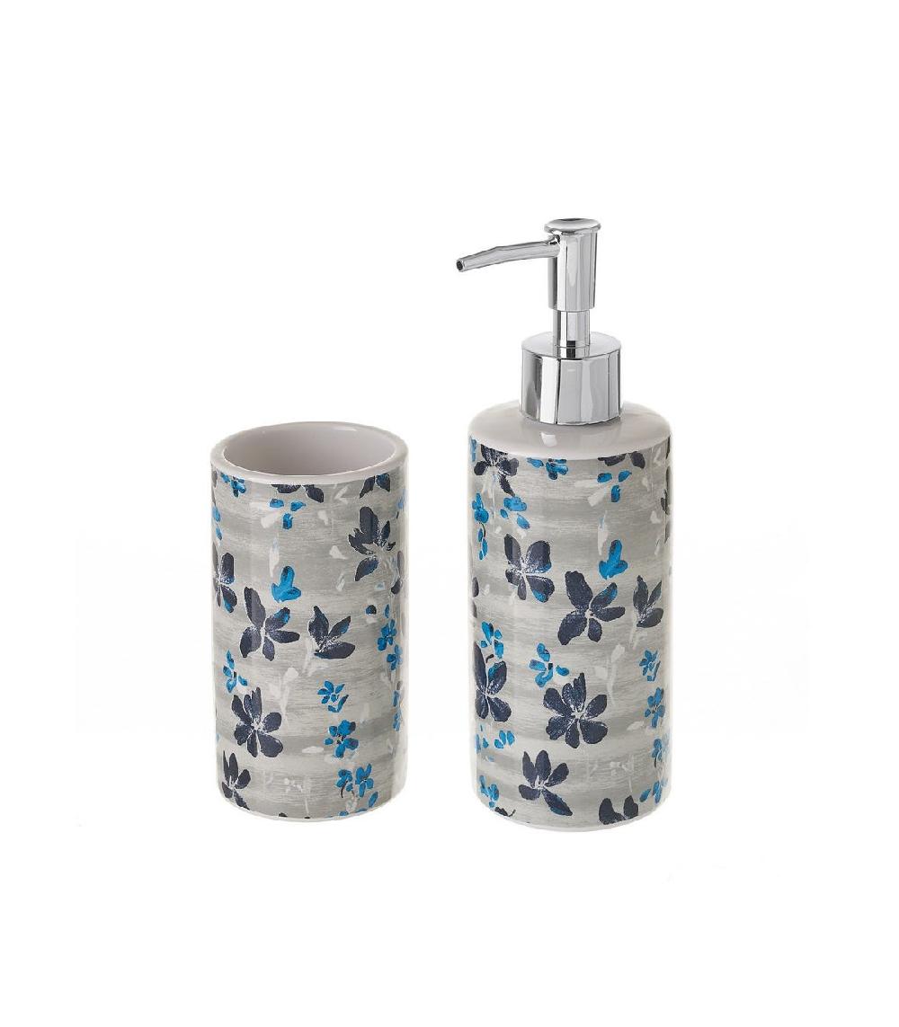 wadiga Set Salle de Bain Blanc et Bleu Floral - Distributeur Savon + Verre