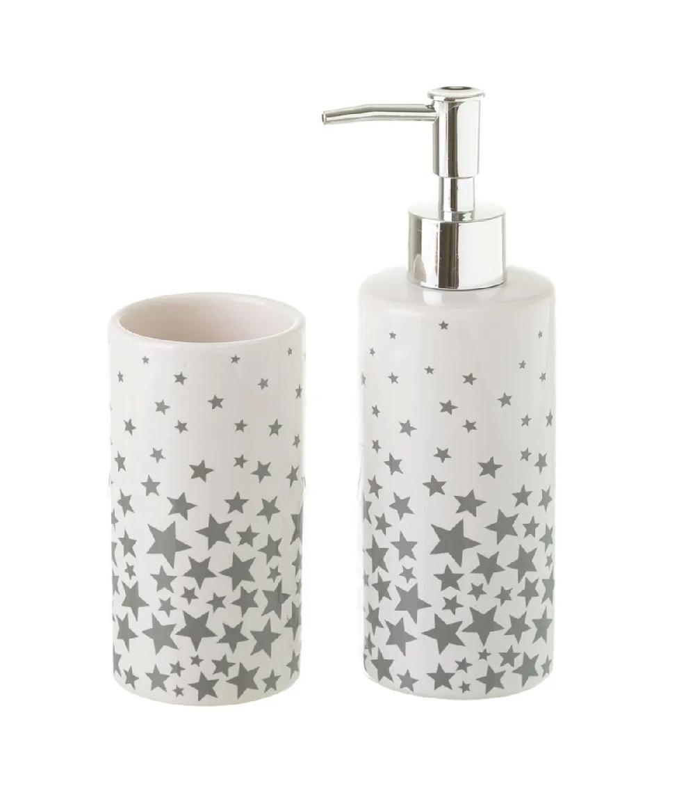 wadiga Set salle de bain blanc et étoiles grises - Distributeur Savon + Verre
