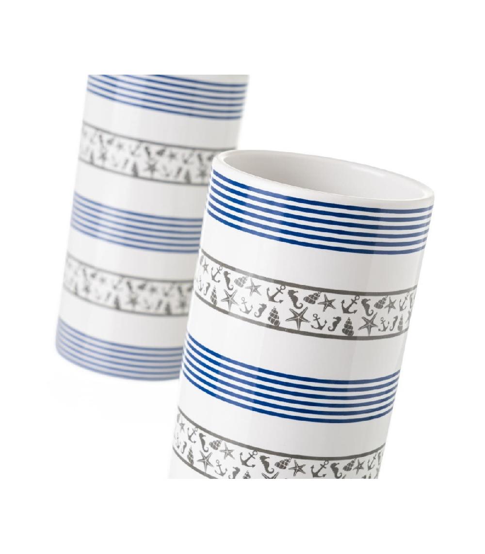 Wadiga Set Salle De Bain Bleu Et Blanc Coquillages - Distributeur Savon + Verre