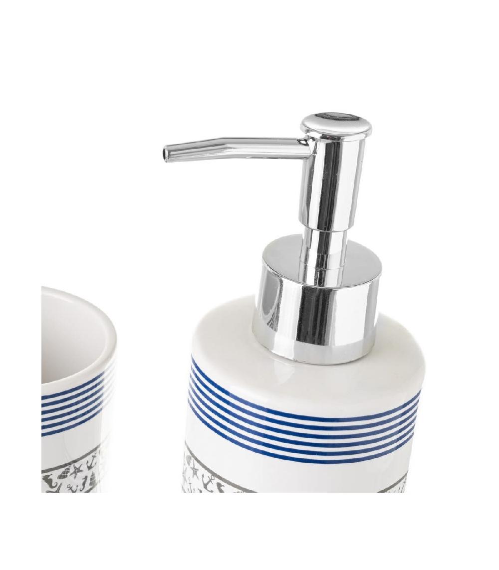 Wadiga Set Salle De Bain Bleu Et Blanc Coquillages - Distributeur Savon + Verre