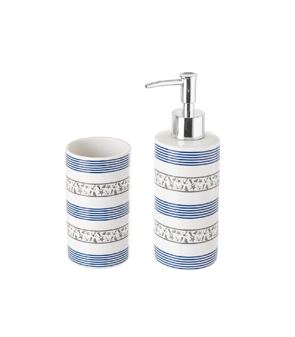wadiga Set Salle de Bain Bleu et Blanc Coquillages - Distributeur Savon + Verre