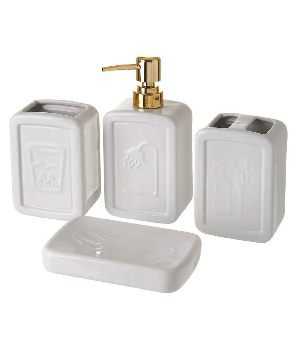 wadiga Set salle de bain céramique blanc et or 4 pièces