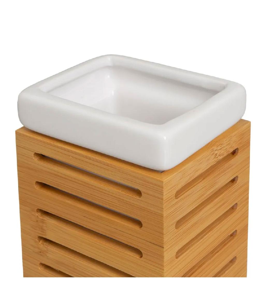 Wadiga Set Salle De Bain Céramique Blanche Et Bambou - 3 Pièces