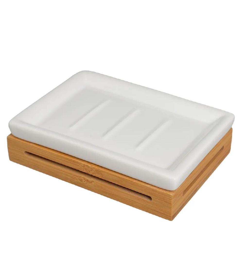 Wadiga Set Salle De Bain Céramique Blanche Et Bambou - 3 Pièces