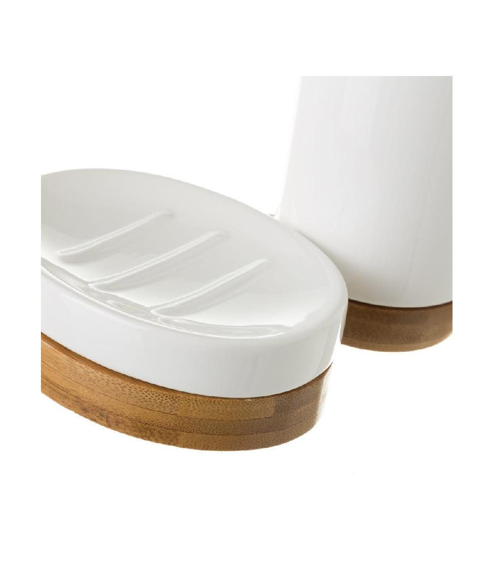 Wadiga Set Salle De Bain Céramique Blanche Et Bambou - 3 Pièces