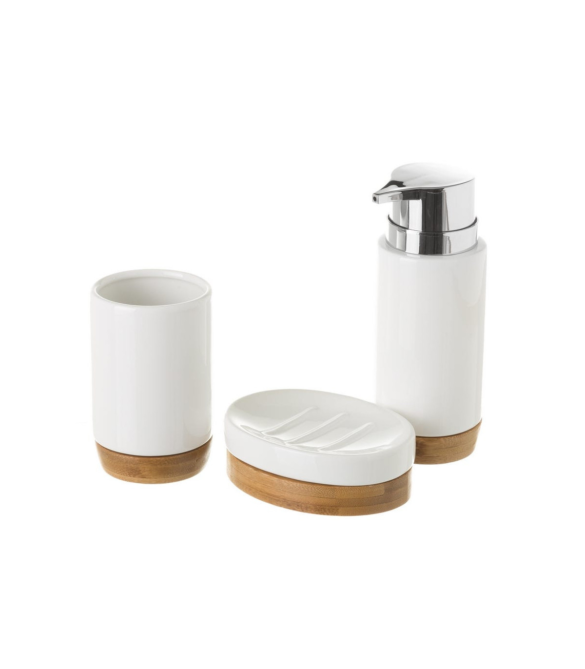 wadiga Set salle de bain céramique blanche et bambou - 3 pièces