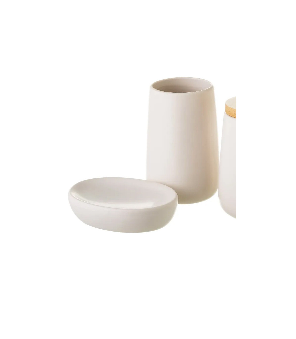 Wadiga Set Salle De Bain Céramique Blanche Et Bambou - 3 Pièces