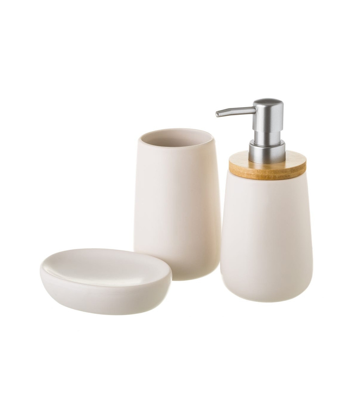 wadiga Set salle de bain céramique blanche et bambou - 3 pièces