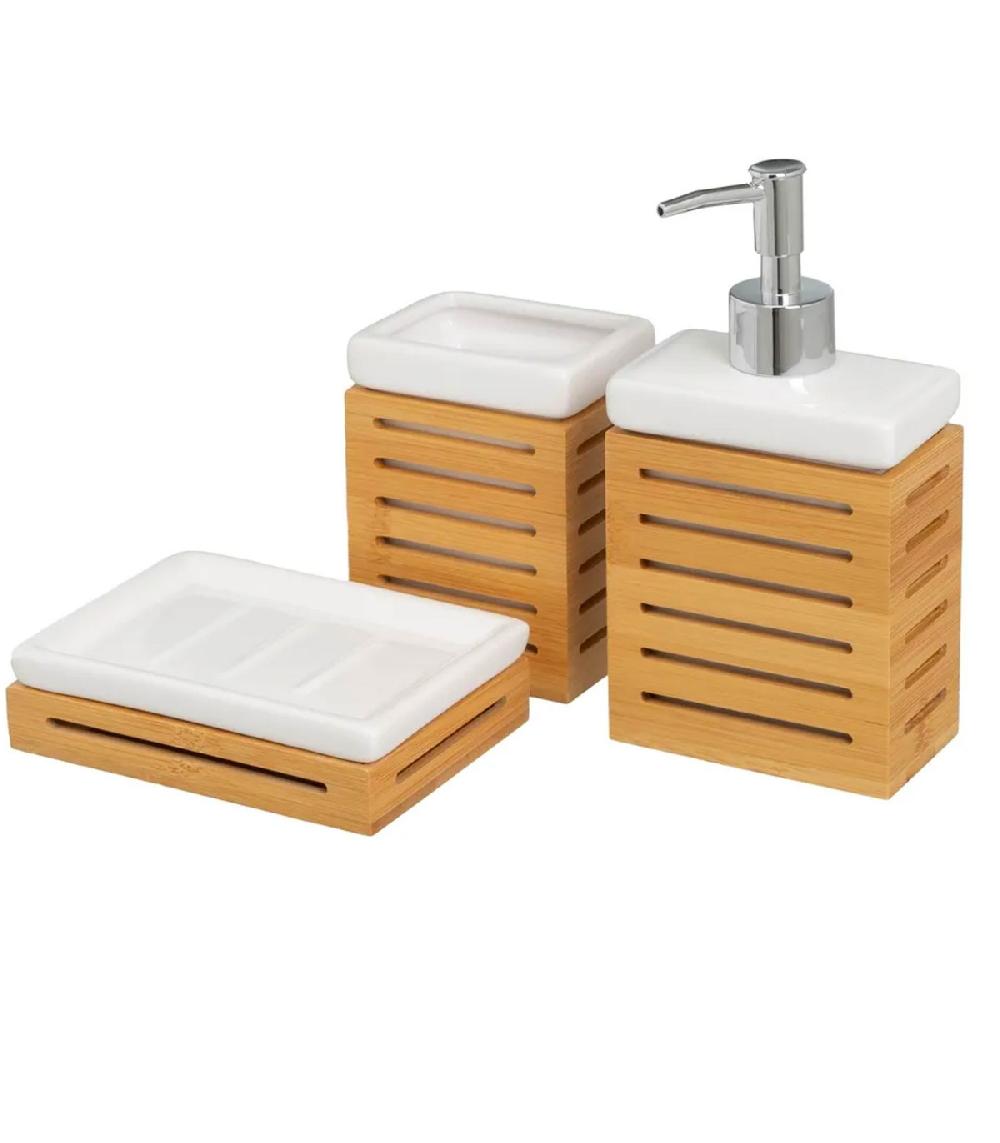wadiga Set salle de bain céramique blanche et bambou - 3 pièces