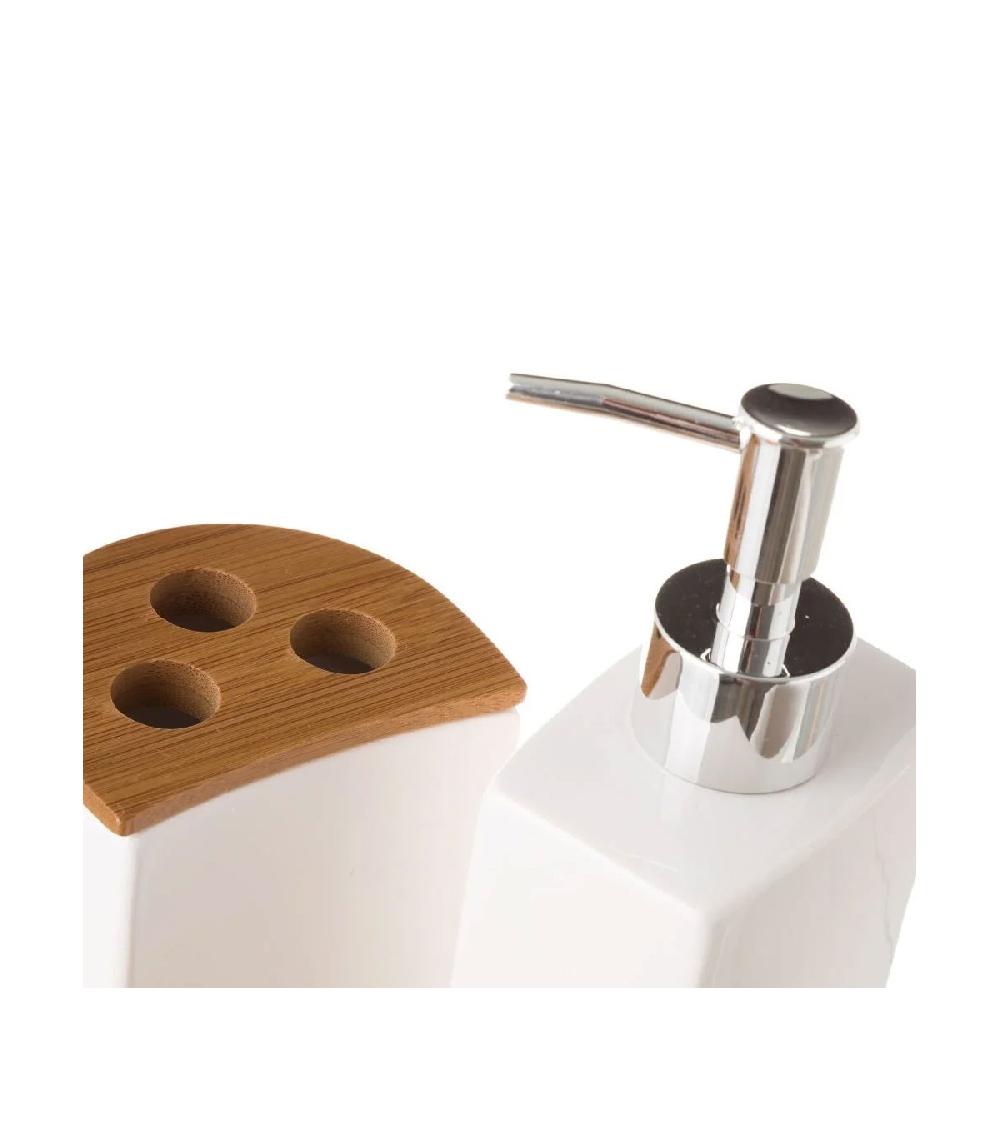 Wadiga Set Salle De Bain Céramique Et Bambou - Distributeur Savon Verre Porte Brosse à Dents