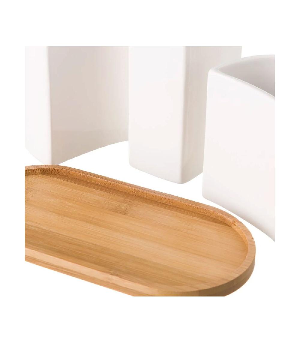 Wadiga Set Salle De Bain Céramique Et Bambou - Distributeur Savon Verre Porte Brosse à Dents