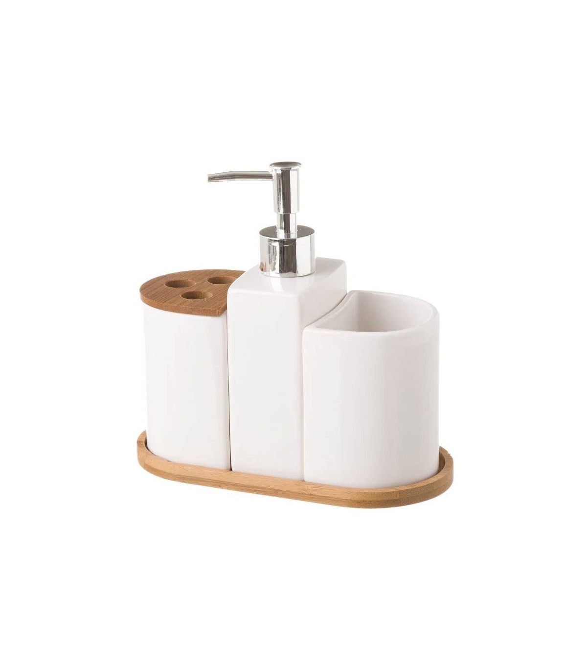 wadiga Set Salle de Bain Céramique et Bambou - Distributeur Savon Verre Porte Brosse à Dents