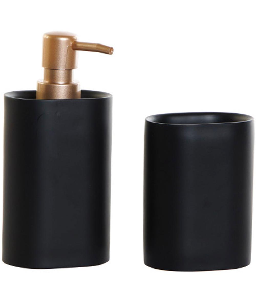 wadiga Set salle de bain en résine noire - distributeur savon + porte brosse à dents