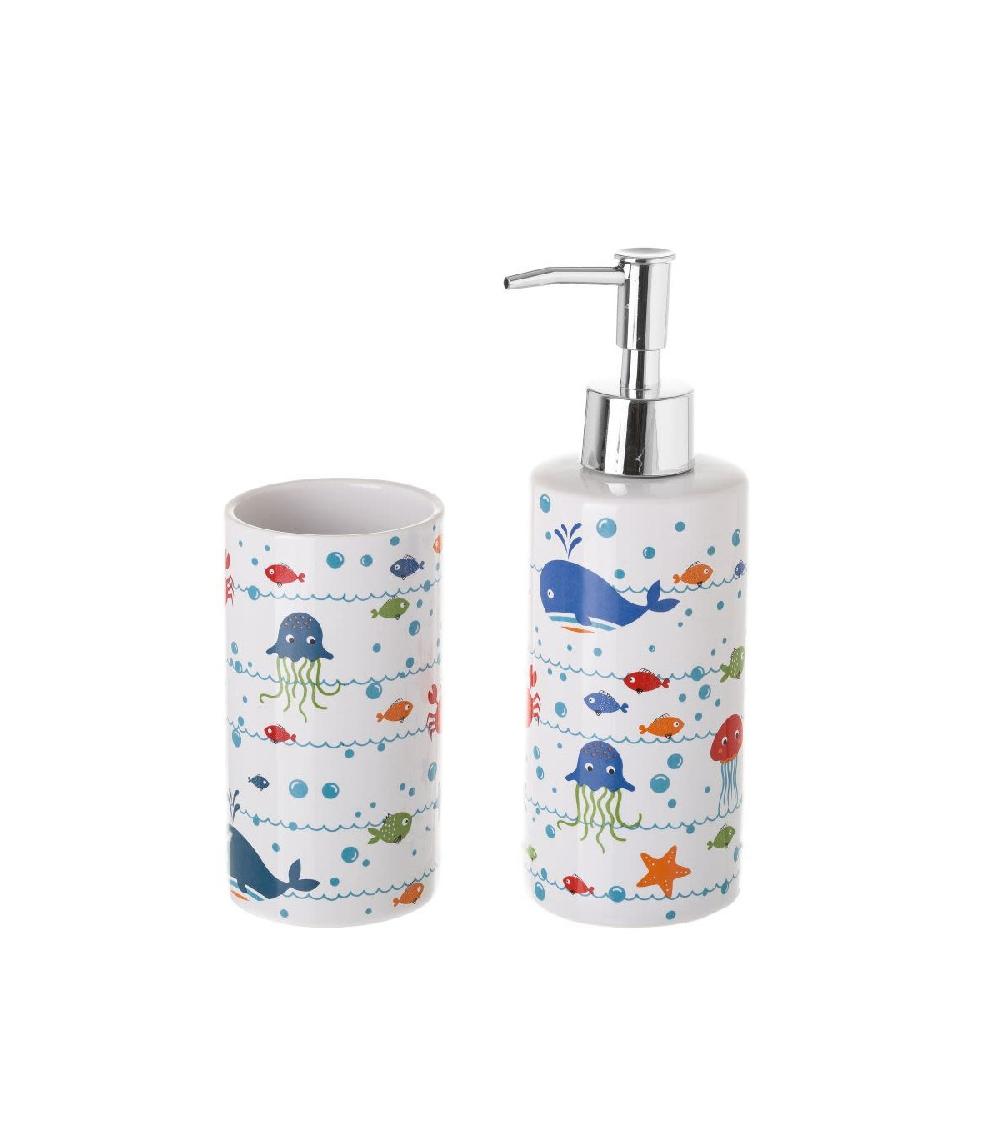 wadiga Set Salle de Bain Enfant Poissons - Distributeur Savon + Verre