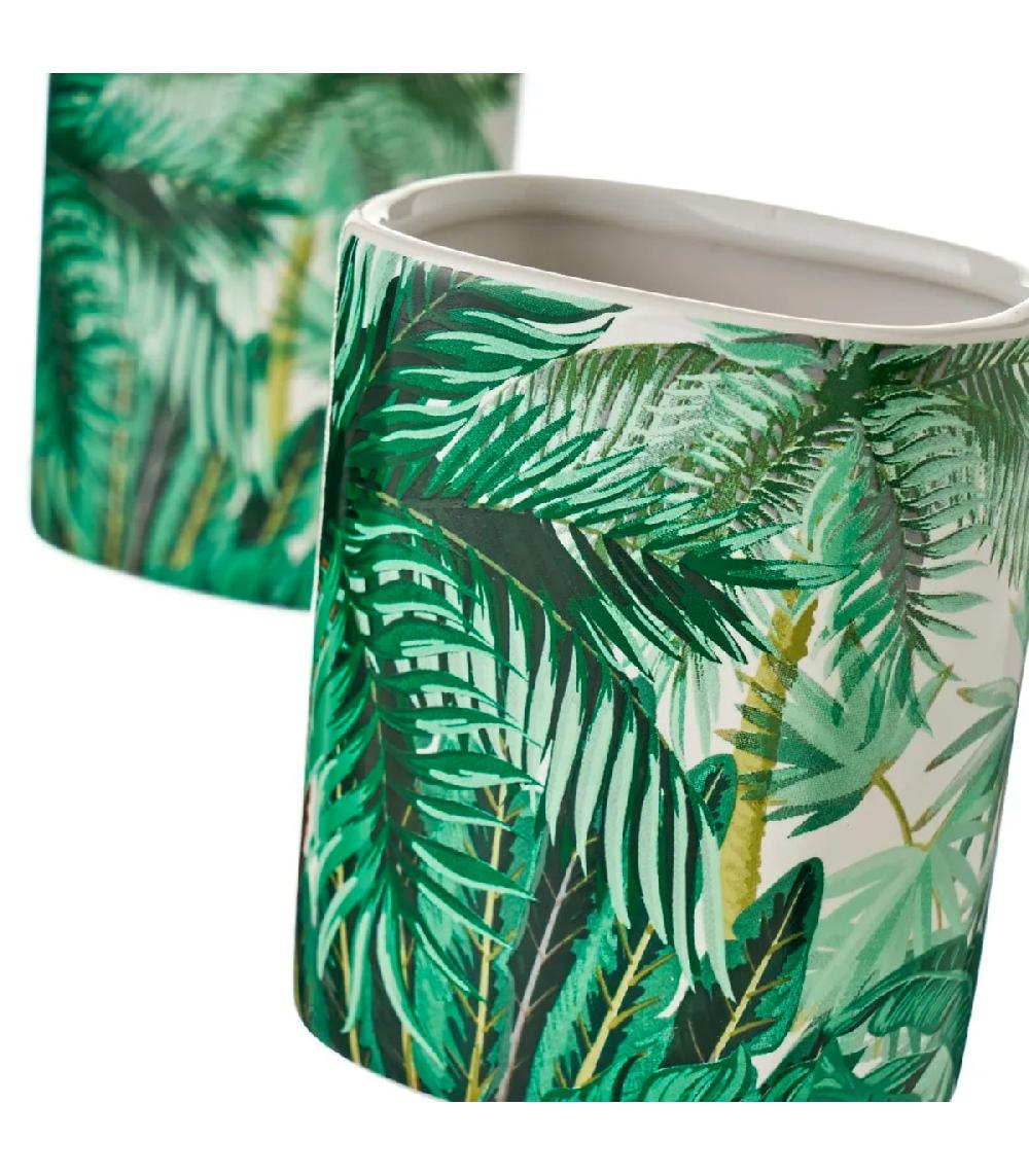 Wadiga Set Salle De Bain Feuillage Tropical - Distributeur Savon + Verre