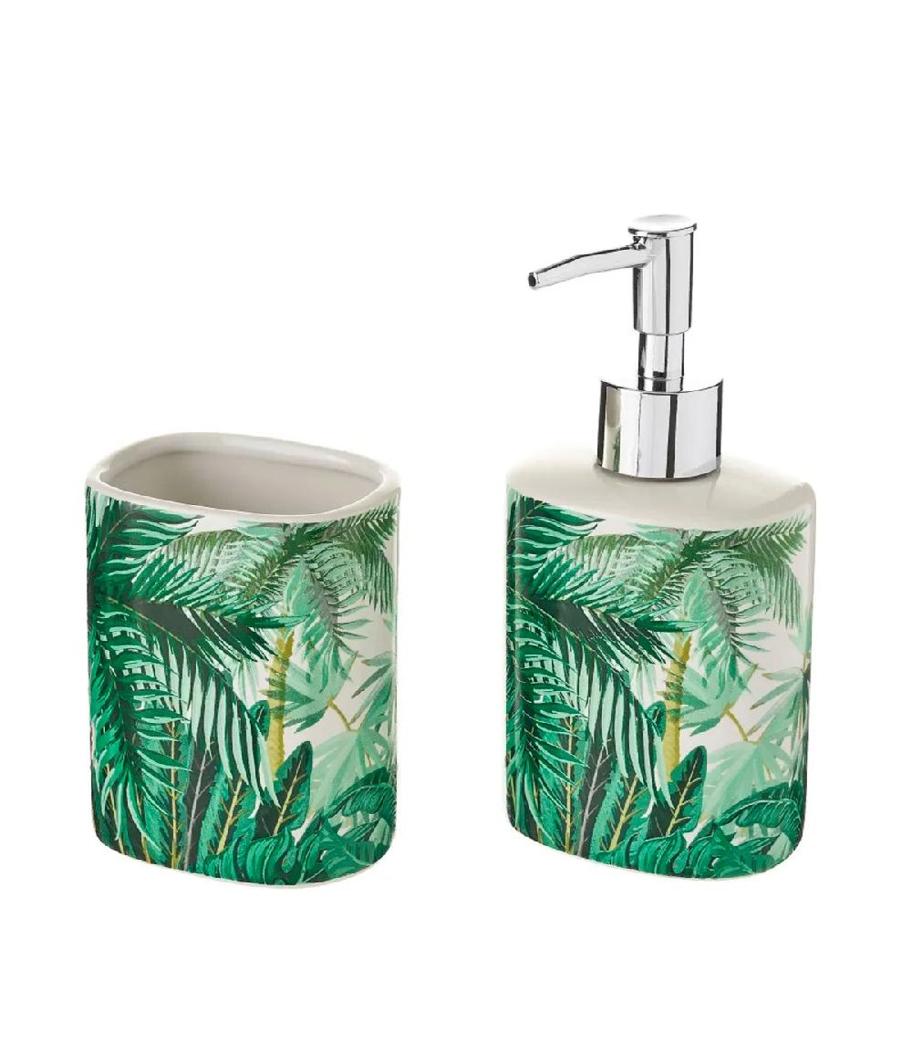 wadiga Set salle de bain feuillage tropical - distributeur savon + verre