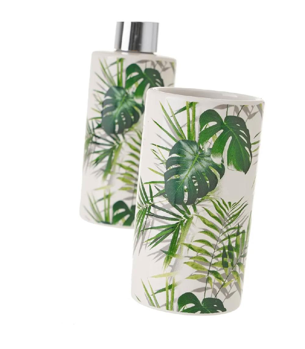 Wadiga Set Salle De Bain Feuillage Vert - Distributeur Savon + Verre