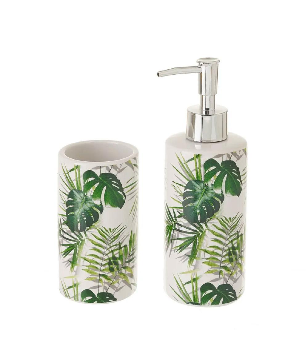 wadiga Set Salle de Bain feuillage vert - Distributeur Savon + Verre