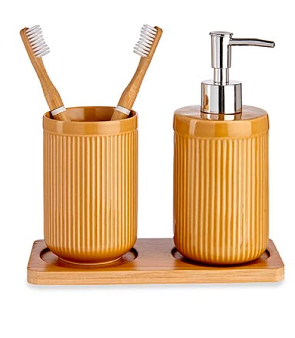 Wadiga Set Salle De Bain Jaune En Céramique Et Plateau Bambou