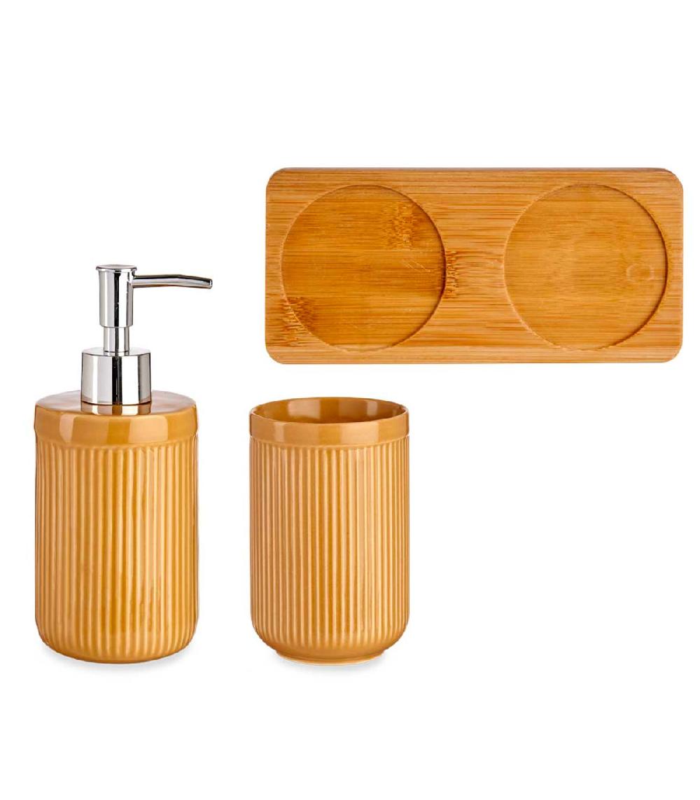 Wadiga Set Salle De Bain Jaune En Céramique Et Plateau Bambou
