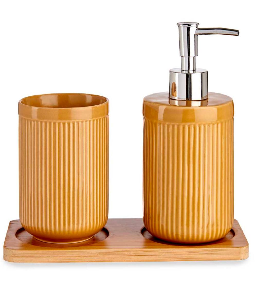 wadiga Set salle de bain jaune en céramique et plateau bambou