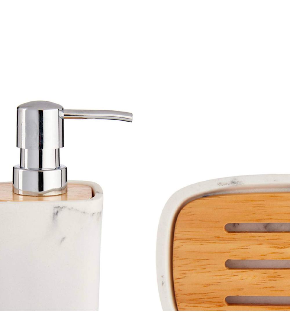 Wadiga Set Salle De Bain Plastique Effet Marbre Blanc Et Bambou - 3 Pièces