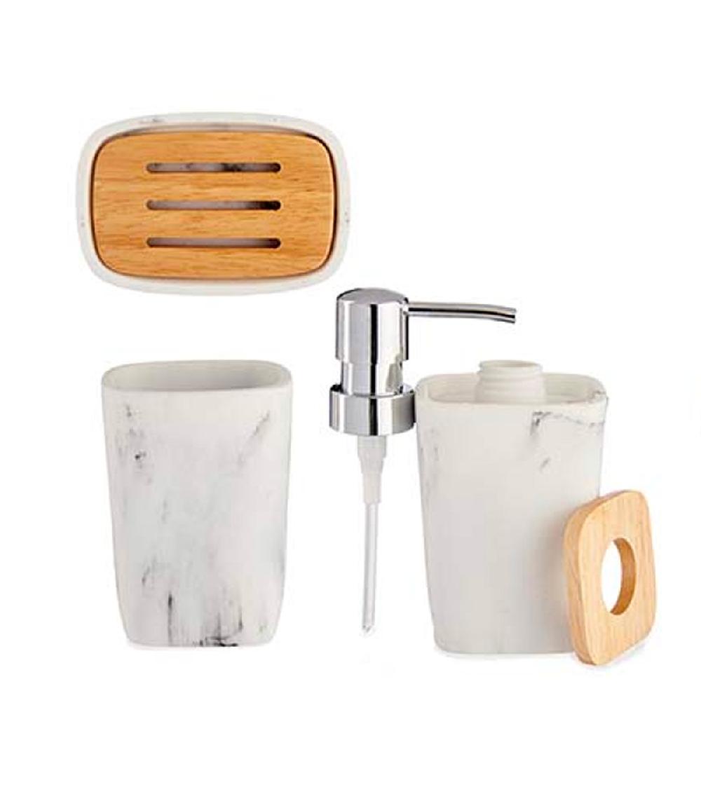 Wadiga Set Salle De Bain Plastique Effet Marbre Blanc Et Bambou - 3 Pièces