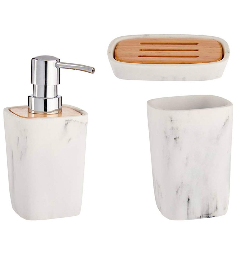 wadiga Set salle de bain plastique effet marbre blanc et bambou - 3 pièces