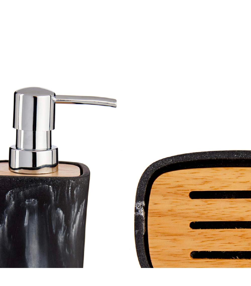 Wadiga Set Salle De Bain Plastique Effet Marbre Noir Et Bambou - 3 Pièces